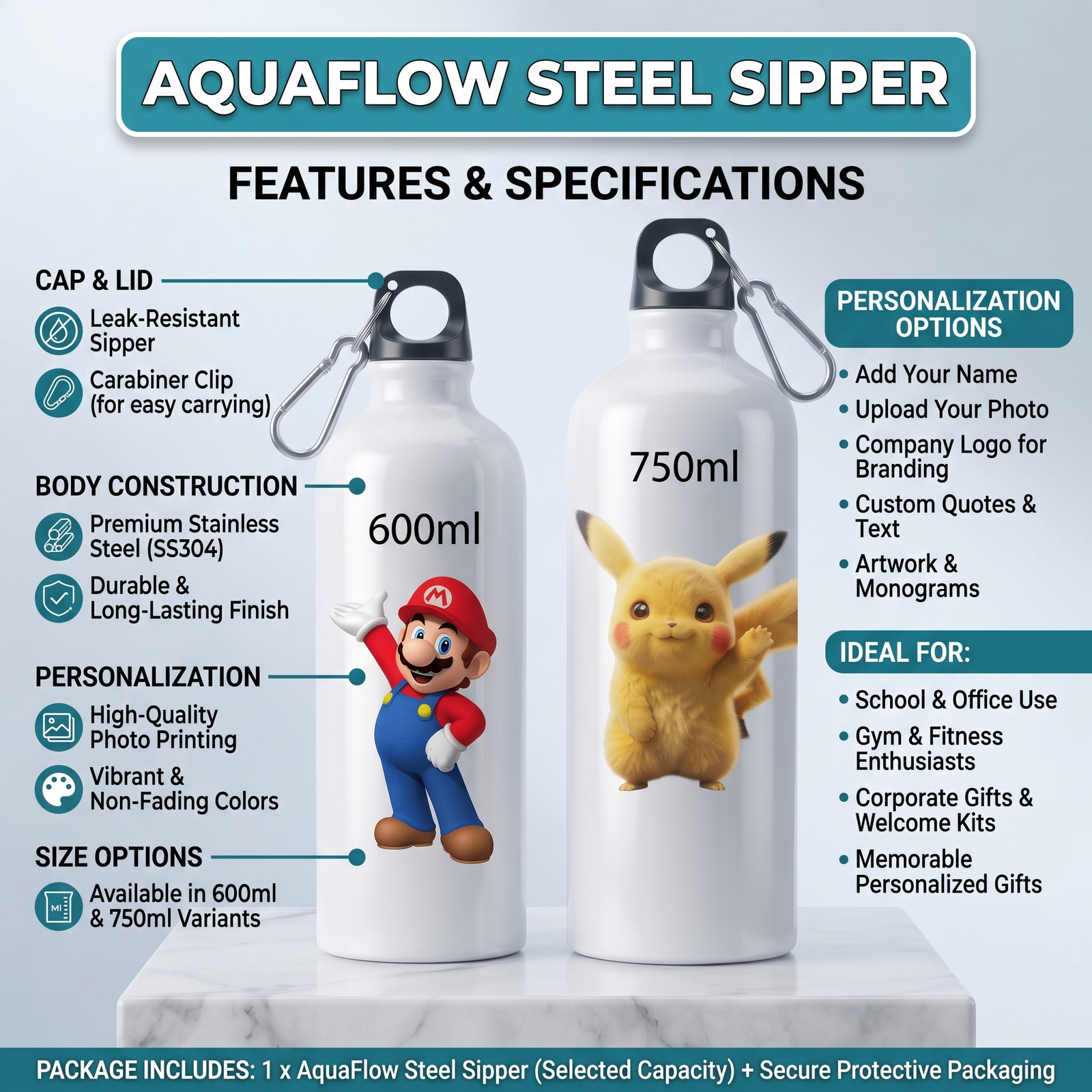 AquaFlow Steel Sipper 750ml - Image 3